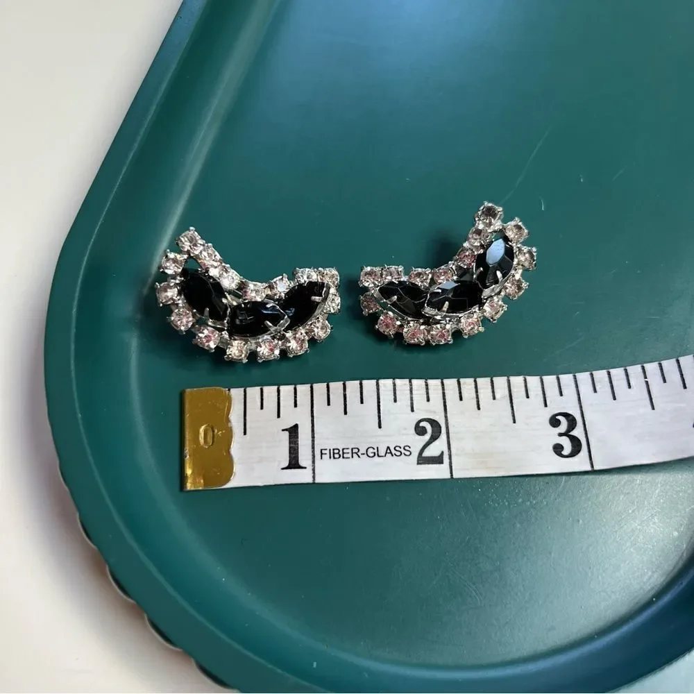 Large Pristine MCM Onyx Crystal Rhinestone Ear Climber Clip On Earrings